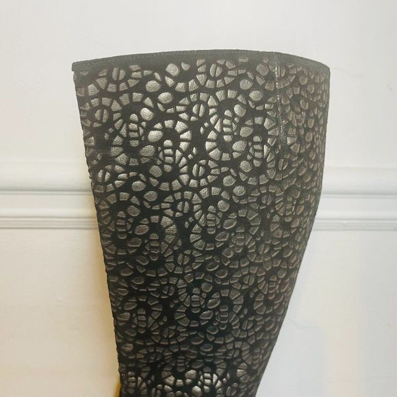 St. John Black Gun Metal Gray And Laser Cut Suede and Leather Boots  8.5 - Picture 2 of 10